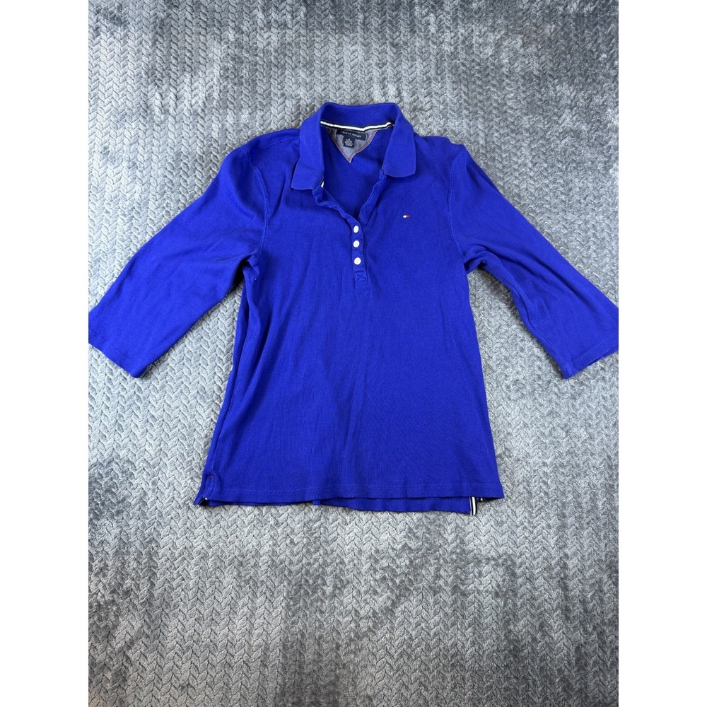 Tommy Hilfiger Blue Ribbed Polo Shirt Women XL 3/4 Sleeve Side Slit Knit 652114